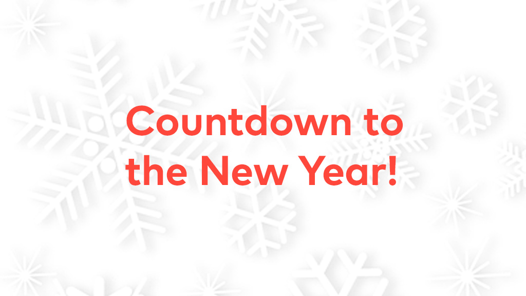 Red text Countdown to the New Year over a background of white snowflakes.