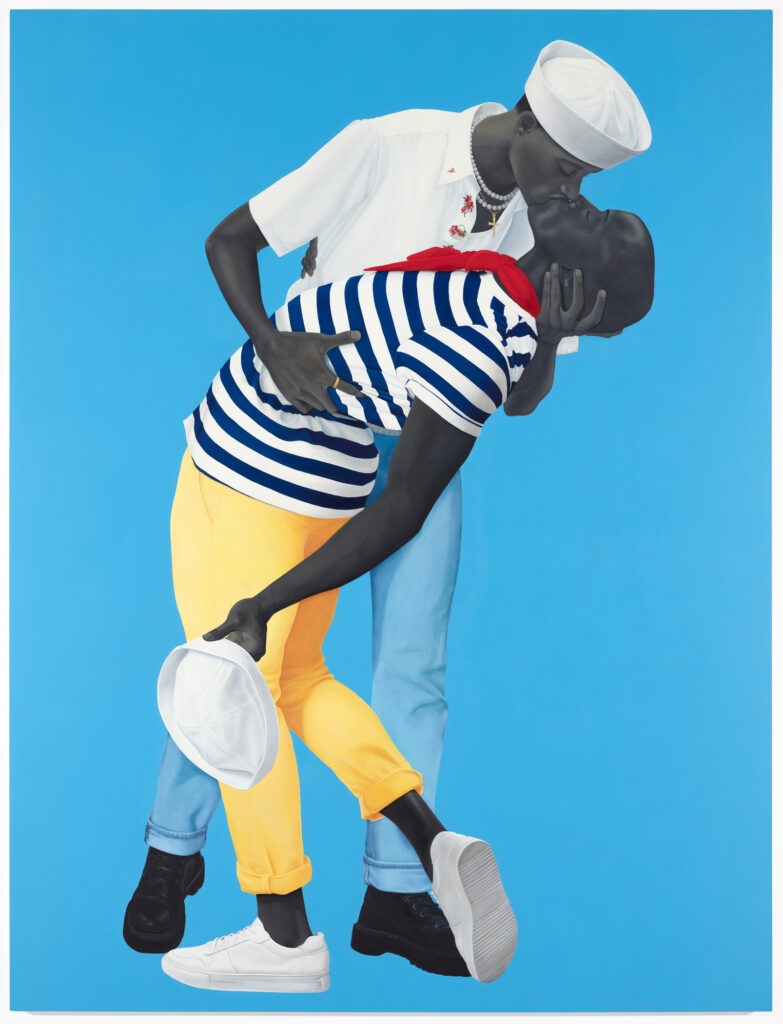 A painting of two people embracing and kissing, both with dark skin and dressed as sailors, set against a vibrant blue background.