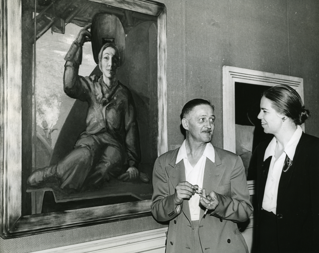 A black and white photograph of a man and a woman standing before a painting in a museum