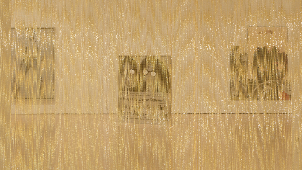 Artwork Untitled Golden by artist Felix Gonzalez-Torres is a curtain made up of strands of golden beads hanging from an SFMOMA gallery doorway.